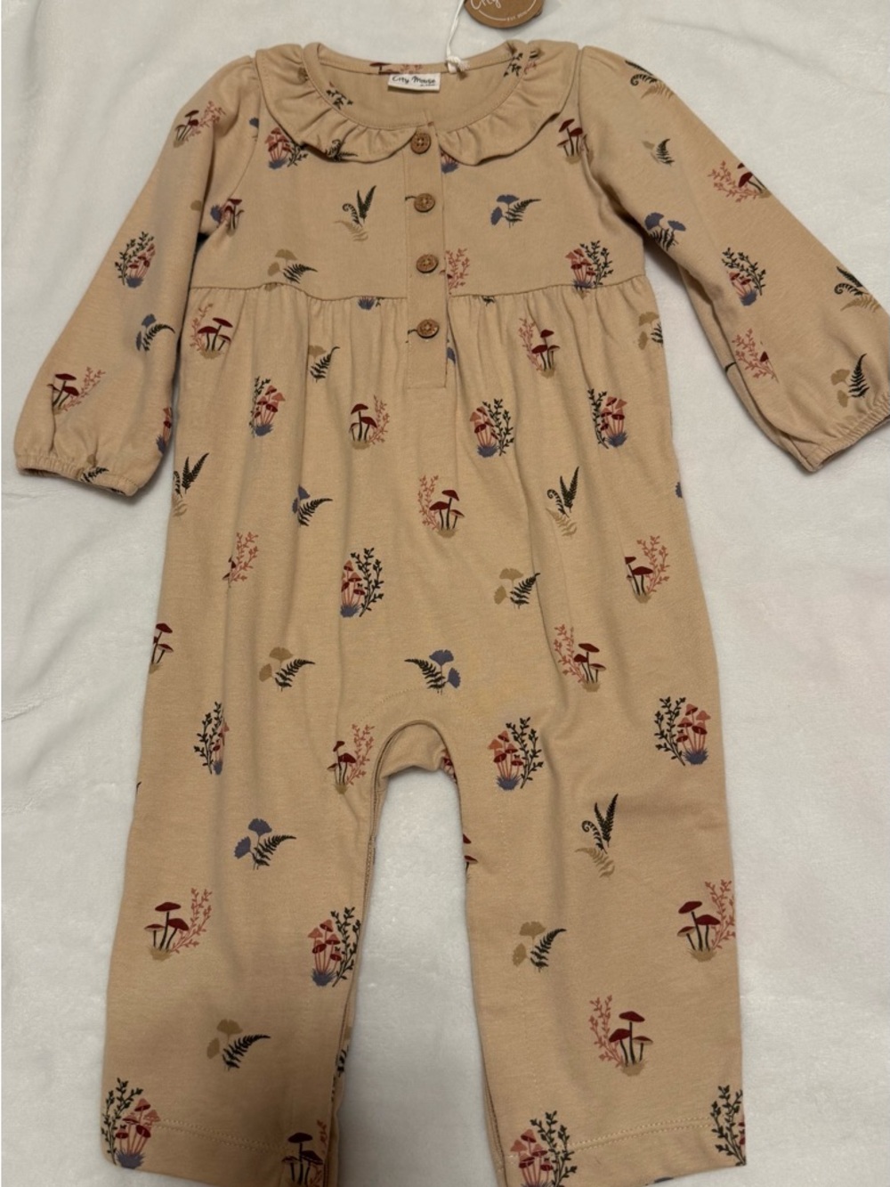 Cozy Tan Floral & Mushroom Baby Romper